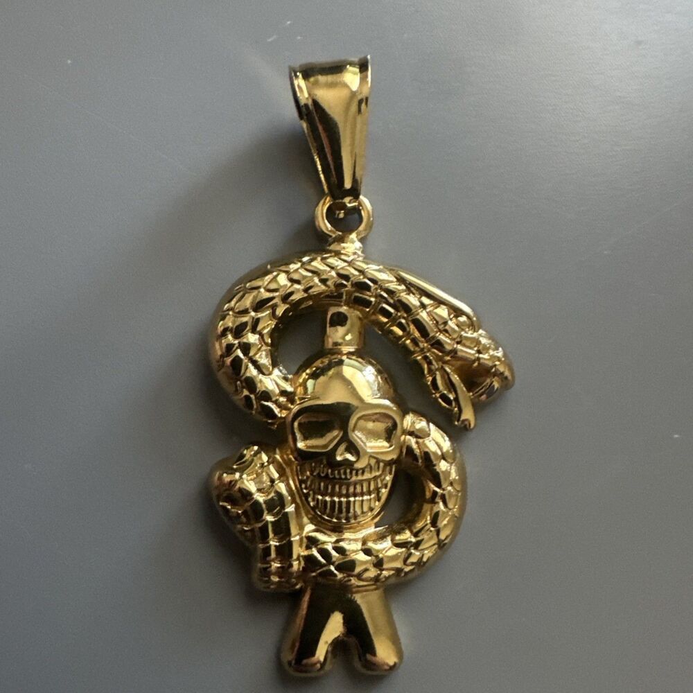 Gold Plated Sneak Skull Skeleton Stainless Steel Pendant 24 Inch Chain Gift Bone